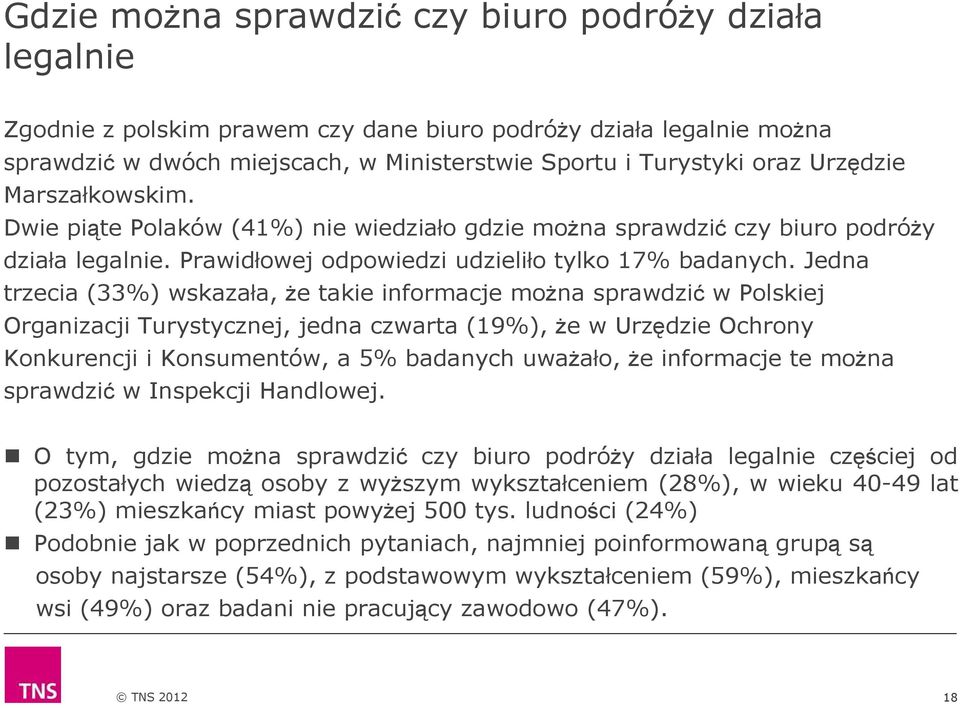 Jedna trzecia (33%) wskazała, że takie informacje można sprawdzić w Polskiej Organizacji Turystycznej, jedna czwarta (19%), że w Urzędzie Ochrony Konkurencji i Konsumentów, a 5% badanych uważało, że