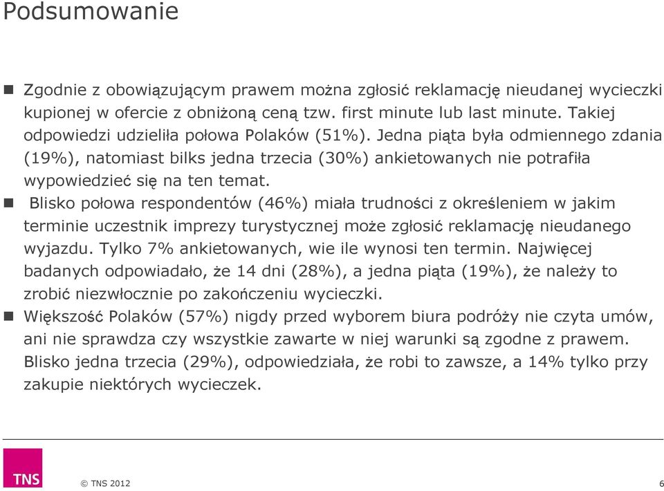 Blisko połowa respondentów (46%) miała trudności z określeniem w jakim terminie uczestnik imprezy turystycznej może zgłosić reklamację nieudanego wyjazdu.