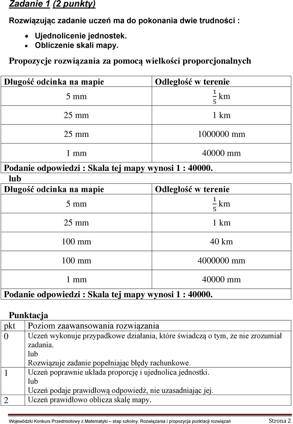 : 40000. Długość odcinka na mapie Odległość w terenie 5 mm km 25 mm 1 km 100 mm 40 km 100 mm 4000000 mm 1 mm 40000 mm Podanie odpowiedzi : Skala tej mapy wynosi 1 : 40000.