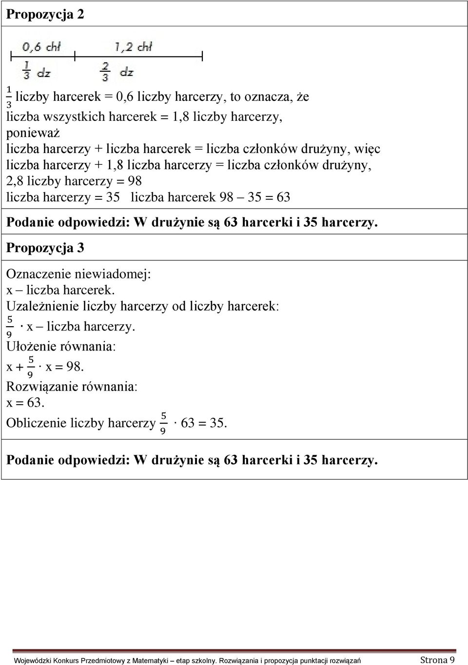 harcerzy. Propozycja 3 Oznaczenie niewiadomej: x liczba harcerek. Uzależnienie liczby harcerzy od liczby harcerek: x liczba harcerzy. Ułożenie równania: x + x = 98. Rozwiązanie równania: x = 63.