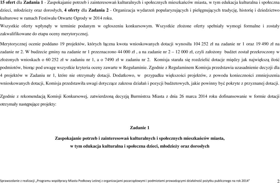 Wszystkie oferty wpłynęły w terminie podanym w ogłoszeniu konkursowym. Wszystkie złożone oferty spełniały wymogi formalne i zostały zakwalifikowane do etapu oceny merytorycznej.