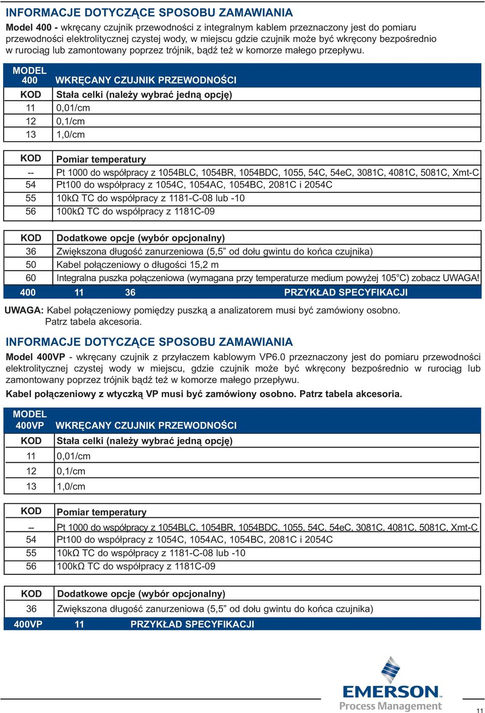 MODEL 400 WKRĘCANY CZUJNIK PRZEWODNOŚCI KOD Stała celki (należy wybrać jedną opcję) 11 0,01/cm 12 0,1/cm 13 1,0/cm KOD Pomiar temperatury -- Pt 1000 do współpracy z 1054BLC, 1054BR, 1054BDC, 1055,