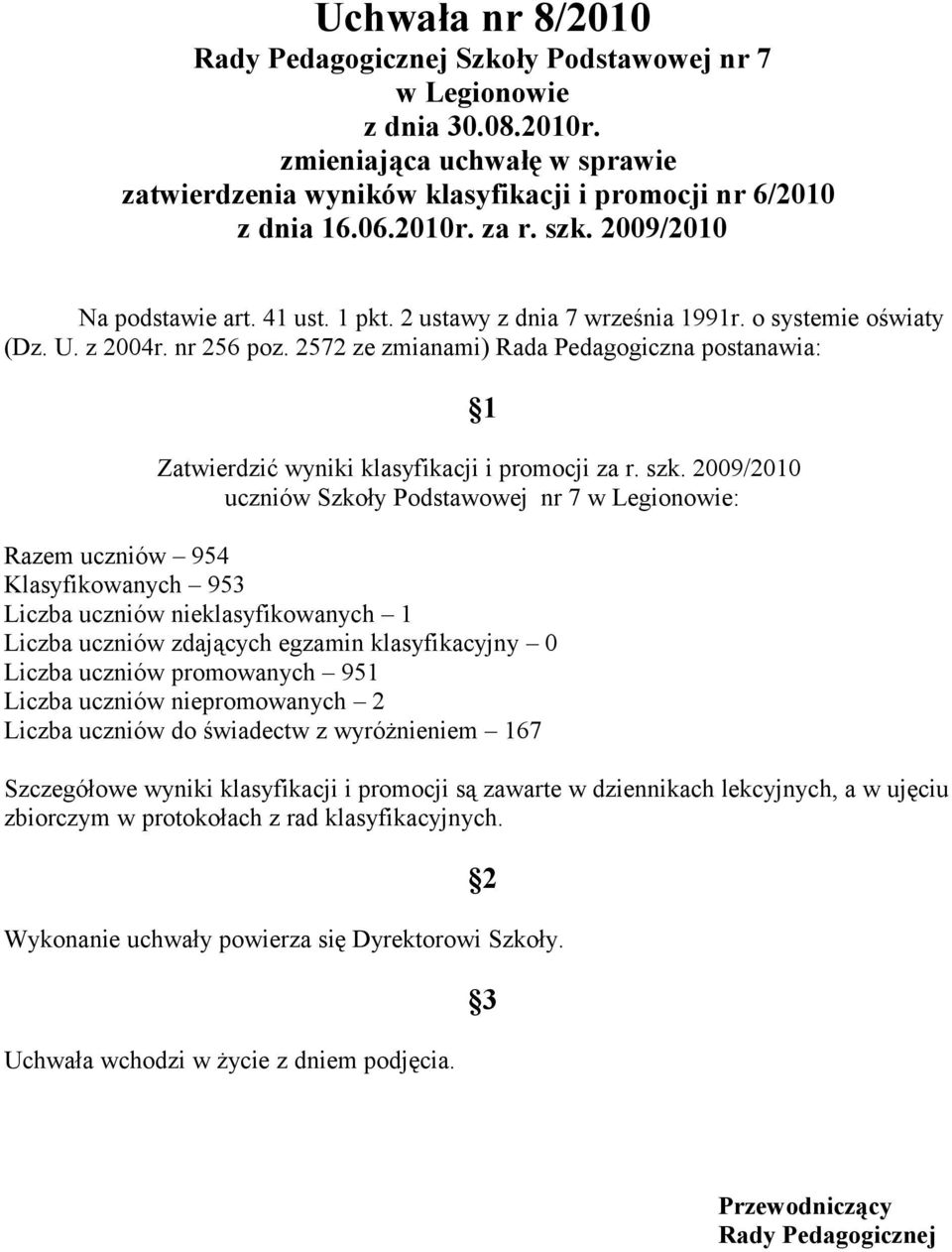 2572 ze zmianami) Rada Pedagogiczna postanawia: 1 Zatwierdzić wyniki klasyfikacji i promocji za r. szk.