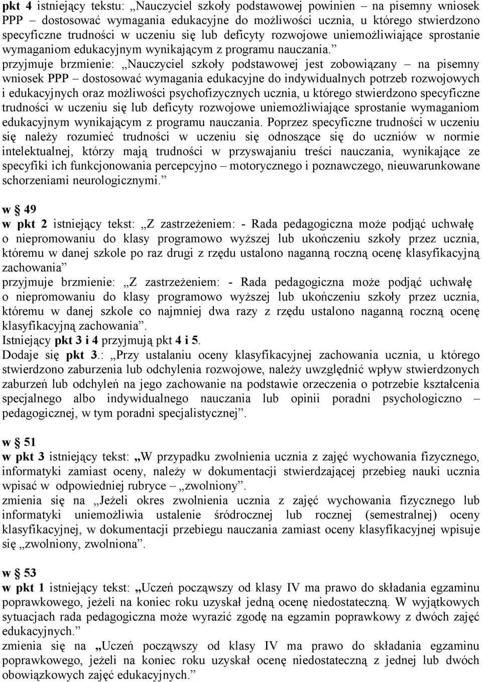 przyjmuje brzmienie: Nauczyciel szkoły podstawowej jest zobowiązany na pisemny wniosek PPP dostosować wymagania edukacyjne do indywidualnych potrzeb rozwojowych i edukacyjnych oraz możliwości