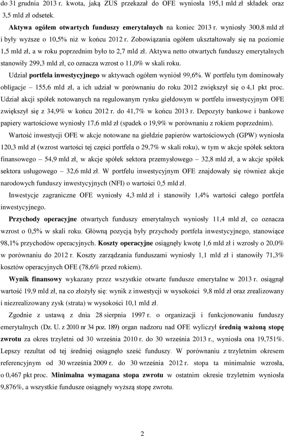 Aktywa netto otwartych funduszy emerytalnych stanowiły 299,3 mld zł, co oznacza wzrost o 11,0% w skali roku. Udział portfela inwestycyjnego w aktywach ogółem wyniósł 99,6%.