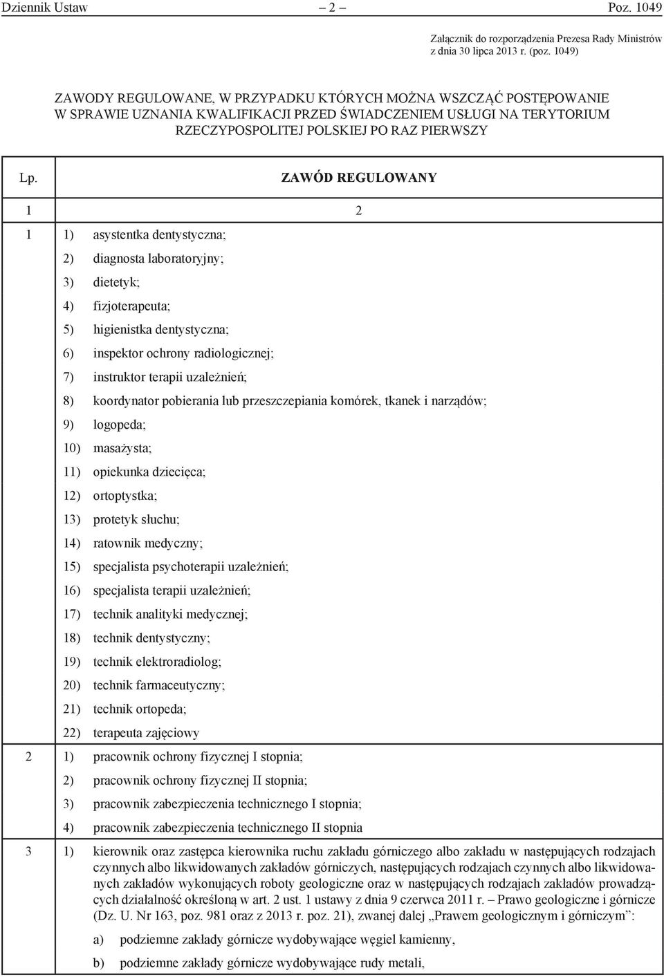 ZAWÓD REGULOWANY 1 1) asystentka dentystyczna; 2) diagnosta laboratoryjny; 3) dietetyk; 4) fizjoterapeuta; 5) higienistka dentystyczna; 6) inspektor ochrony radiologicznej; 7) instruktor terapii