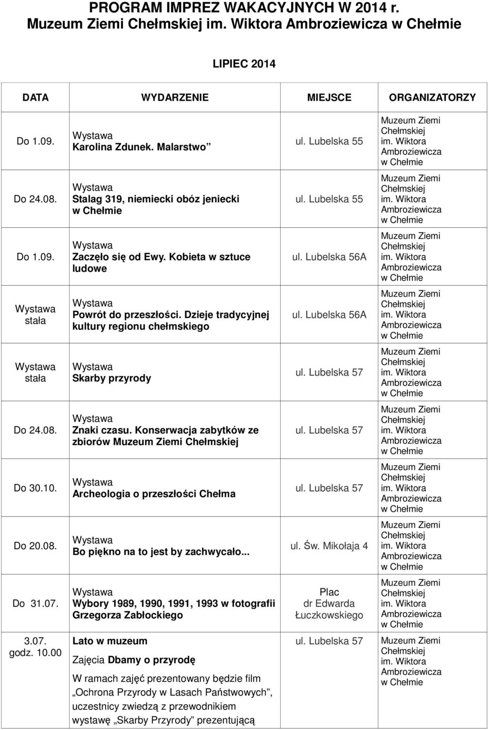 Dzieje tradycyjnej kultury regionu chełmskiego Skarby przyrody Znaki czasu. Konserwacja zabytków ze zbiorów Do 30.10. Do 20.08.