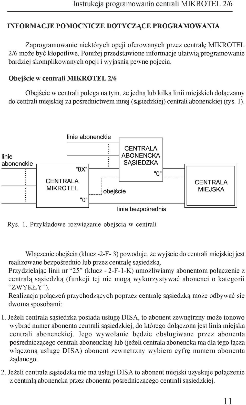 Obejście w centrali MIKROTEL 2/6 Obejście w centrali polega na tym, że jedną lub kilka linii miejskich dołączamy do centrali miejskiej za pośrednictwem innej (sąsiedzkiej) centrali abonenckiej (rys.