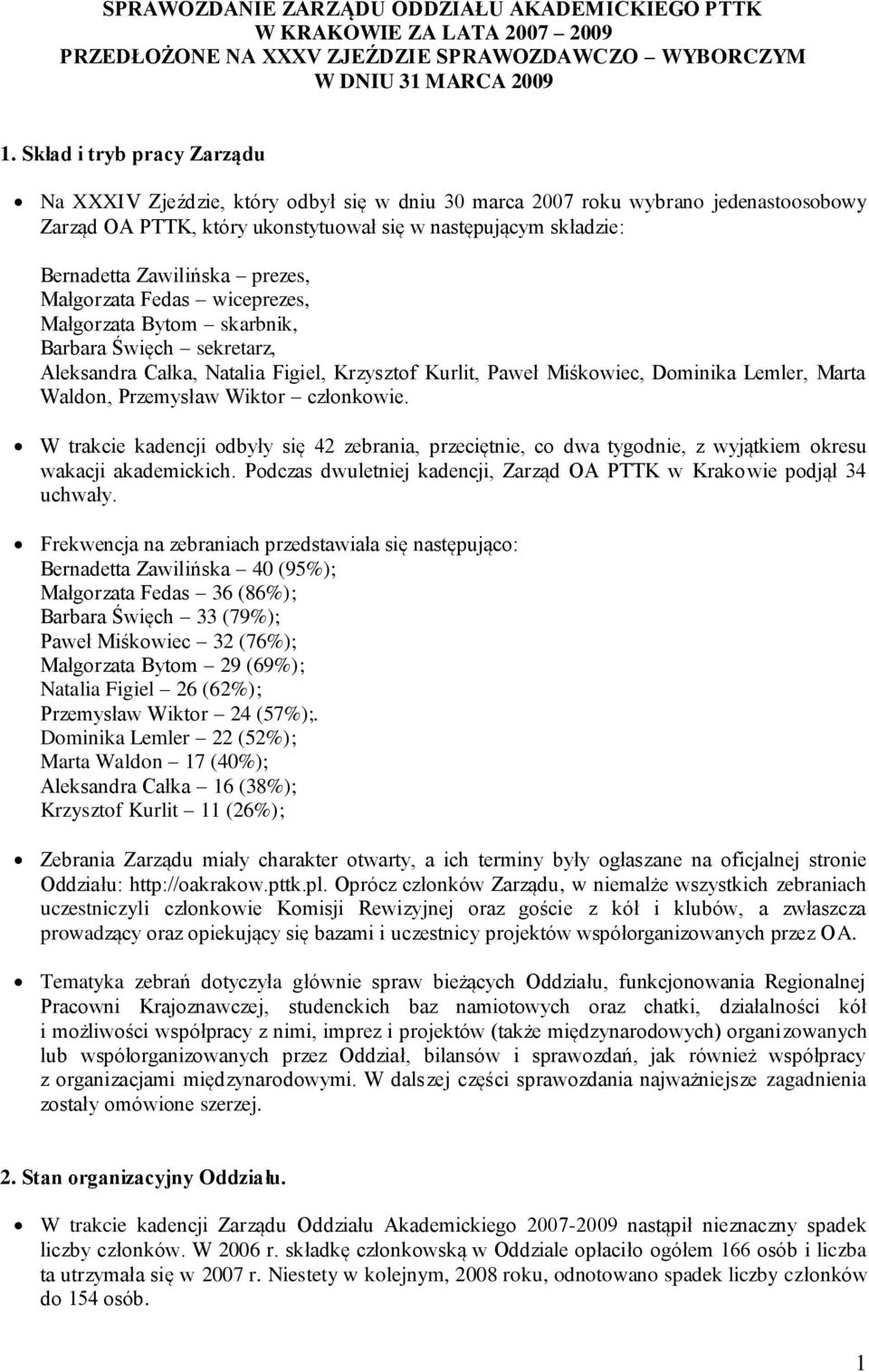 prezes, Małgorzata Fedas wiceprezes, Małgorzata Bytom skarbnik, Barbara Święch sekretarz, Aleksandra Całka, Natalia Figiel, Krzysztof Kurlit, Paweł Miśkowiec, Dominika Lemler, Marta Waldon,