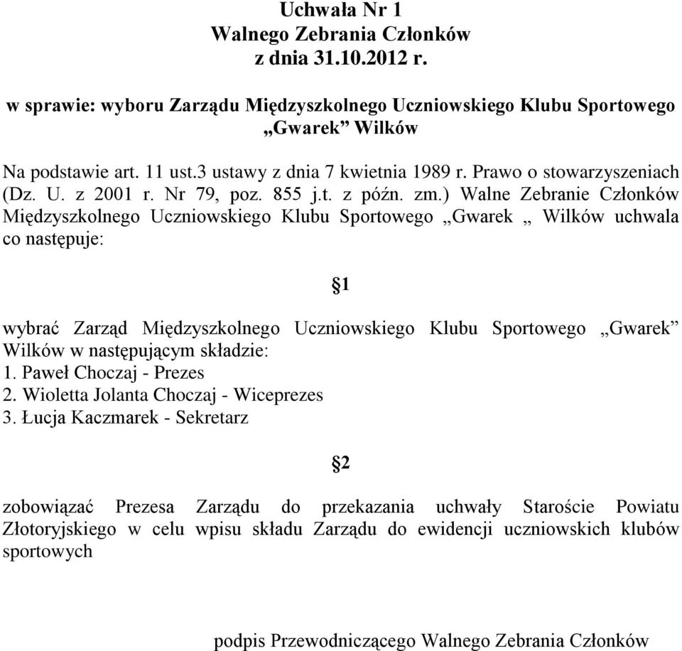 ) Walne Zebranie Członków Międzyszkolnego Uczniowskiego Klubu Sportowego Gwarek Wilków uchwala co następuje: wybrać Zarząd Międzyszkolnego Uczniowskiego Klubu Sportowego Gwarek Wilków w