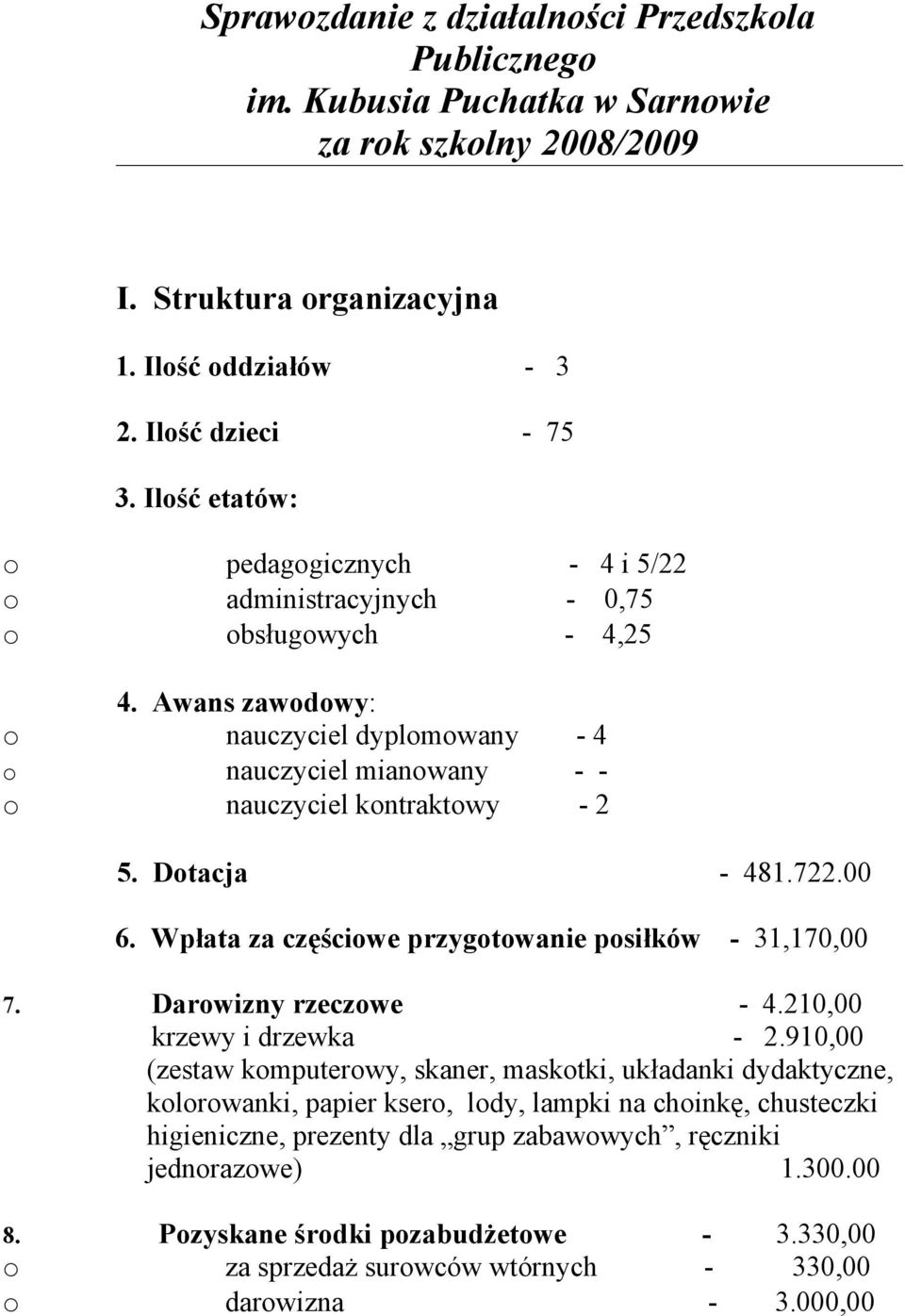 00 6. Wpłata za częściwe przygtwanie psiłków - 31,170,00 7. Darwizny rzeczwe - 4.210,00 krzewy i drzewka - 2.