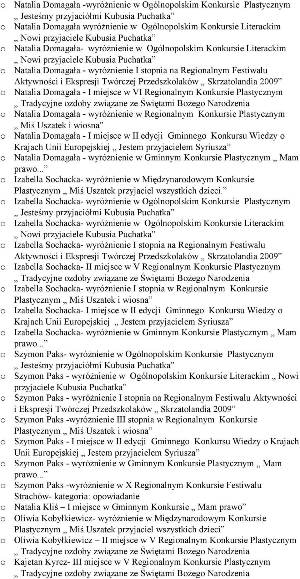 Przedszklaków Skrzatlandia 2009 Natalia Dmagała - I miejsce w VI Reginalnym Knkursie Plastycznym Tradycyjne zdby związane ze Świętami Bżeg Nardzenia Natalia Dmagała - wyróżnienie w Reginalnym