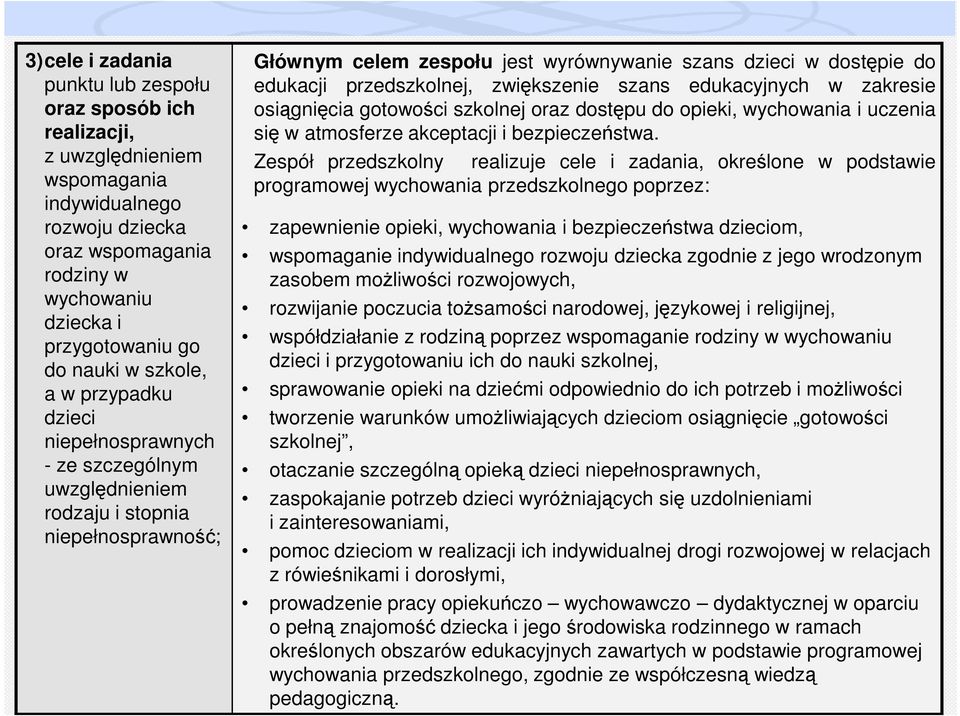 przedszkolnej, zwiększenie szans edukacyjnych w zakresie osiągnięcia gotowości szkolnej oraz dostępu do opieki, wychowania i uczenia się w atmosferze akceptacji i bezpieczeństwa.