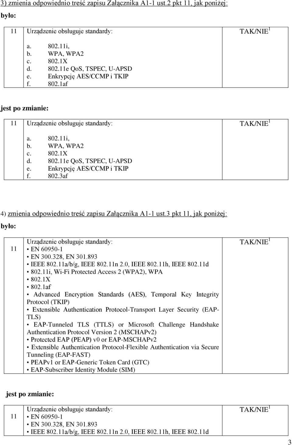 3 pkt 11, jak poniżej: 11 Urządzenie obsługuje standardy: EN 60950-1 EN 300.328, EN 301.893 IEEE 802.11a/b/g, IEEE 802.11n 2.0, IEEE 802.11h, IEEE 802.11d 802.