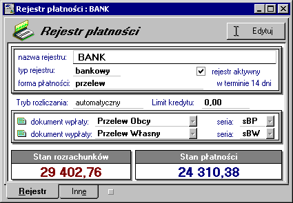 130 Rozliczenia finansowe Definiowanie rejestrów Aby utworzyć nowy rejestr należy otworzyć okno kartoteki pieniędzy, wybrać stronę Rejestry płatności, a następnie przycisk Nowy.