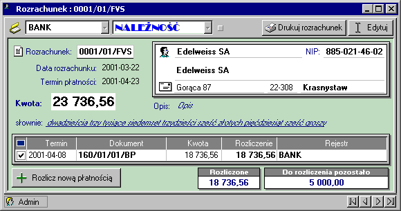 136 Rozliczenia finansowe Rys. 4-4 Kartoteka pieniędzy - okno należności.