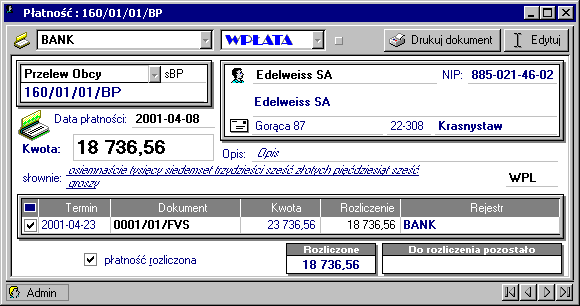 138 Rozliczenia finansowe Rys. 4-5 Okno płatności. Numer dokumentu Numer dokumentu nadawany jest przez program automatycznie, na podstawie szablonu określonego w ustawieniach programu.