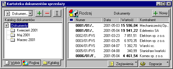 Podstawowe wiadomości o programie 19 Nawigacja Rys. 1-3 Okno kartoteki dokumentów sprzedaży.