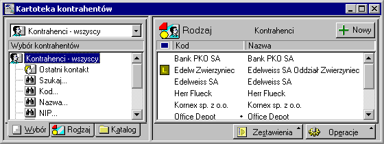 Podstawowe wiadomości o programie 37 ności przeprowadza się podobnie jak w oknach innych kartotek. Rys. 1-9 Okno kartoteki kontrahentów. Okno kartoteki jest podzielone na dwie części.