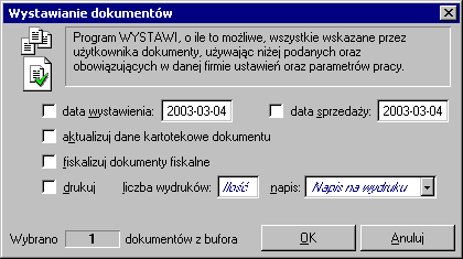 68 Podstawowe wiadomości o programie następujące parametry: Data wystawienia, data operacji (sprzedaży) Jeśli pola te są zaznaczone, istniejące w wystawianym dokumencie daty są zastępowane