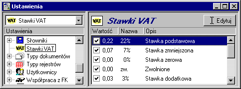 92 Administracja Stawki VAT Rys. 2-15 Przykład okna słowników. Okno to pozwala na wprowadzanie nowej stawki VAT oraz modyfikowanie i uaktywnianie stawek wprowadzonych wcześniej.