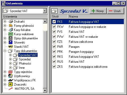 Administracja 93 Rys. 2-17 Ustalanie typów dokumentów. Po wybraniu grupy ustawień Typy dokumentów na drzewku ustawień, w prawej części okna pojawi się lista ustalonych kategorii dokumentów.