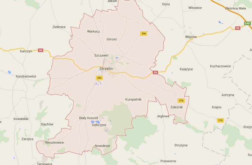 Mapa 2. Gmina Strzelin na tle sieci dróg krajowych i wojewódzkich. Źródło: www.google.pl/maps 3.