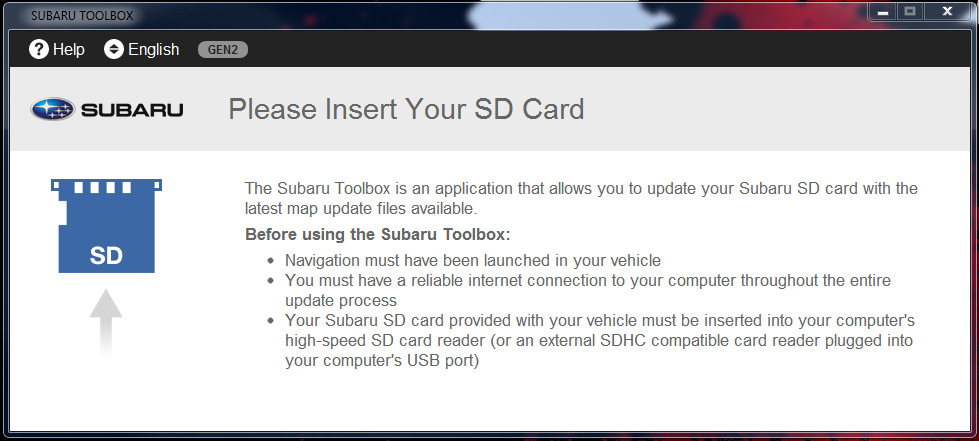 (b) Po starcie programu Toolbox, zobaczysz stronę główną z prośbą o włożenie karty SD do czytnika.