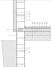 DETAL 4 Połączenie ściany zewnętrznej z podłogą na gruncie z pustakiem cokołowym Tablica 6.4. Obliczone parametry cieplno-wilgotnościowe węzła.