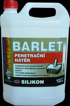 BARLET PENETRACE SILIKON 5KG Jako środek penetracyjny na tynki chłonne w celu zjednoczenia chłonności a równocześnie poprawienia przyczepności warstwy farby Barlet silikon.
