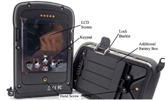 Fotopułapka posiada następujące złącza: USB 2.0, gniazdo kart SD, wyjście TV (jack) i zewnętrznego zasilania (jack). 3 pozycyjny włącznik: OFF/ON/TEST którym moŝna wybrać tryb pracy.
