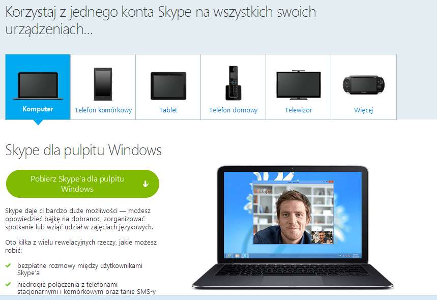 INSTALACJA SKYPE NA KOMPUTERZE 1. Aby zainstalować Skype na komputerze należy przejść pod adres oraz pobrać i zainstalować aplikację: http://www.