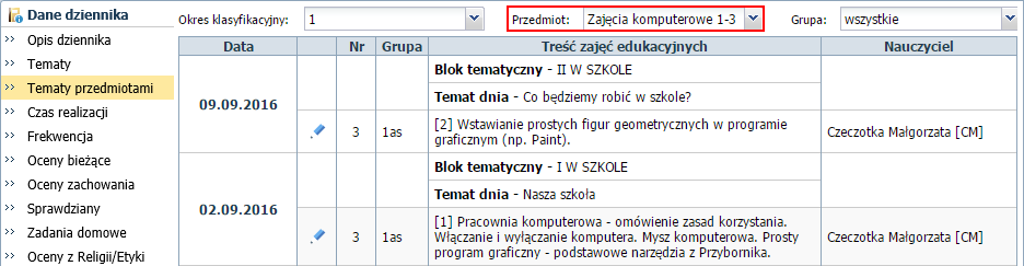 UONET+. Dokumentowanie lekcji i prowadzenie dzienników w klasach 1-3 szkoły podstawowej 24/41 1. Przejdź do dziennika oddziału, tj.