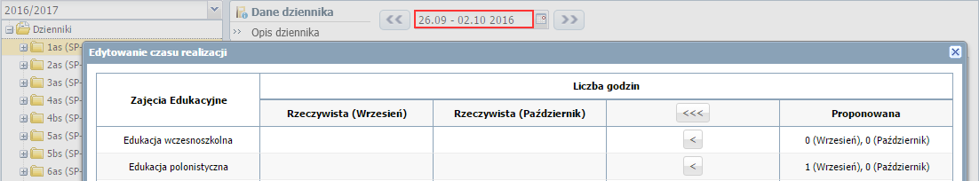 UONET+. Dokumentowanie lekcji i prowadzenie dzienników w klasach 1-3 szkoły podstawowej 28/41 3. W oknie Edytowanie czasu realizacji w kolumnie Liczba godzin/ Rzeczywista wprowadź liczby godzin.