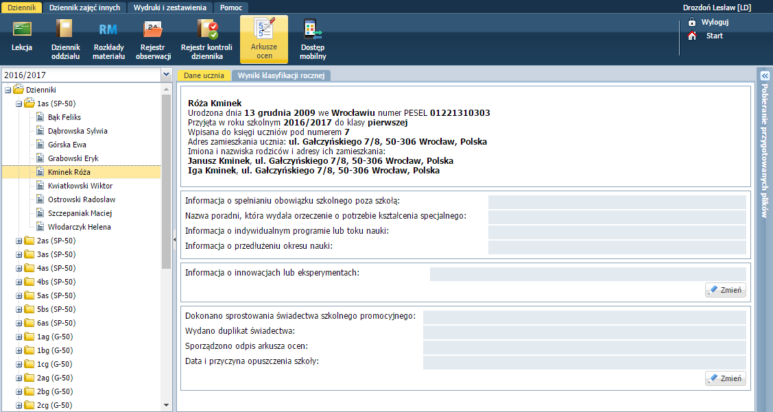 UONET+. Dokumentowanie lekcji i prowadzenie dzienników w klasach 1-3 szkoły podstawowej 34/41 Zamknij okno zapisując zmiany. 7. Obejrzyj arkusze ocen uczniów.