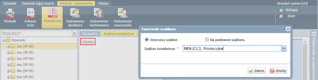 UONET+. Dokumentowanie lekcji i prowadzenie dzienników w klasach 1-3 szkoły podstawowej 36/41 5. Kliknij ikonę i obejrzyj przygotowany dokument (tj. stronę arkusza ocen). Drukowanie świadectw 1.