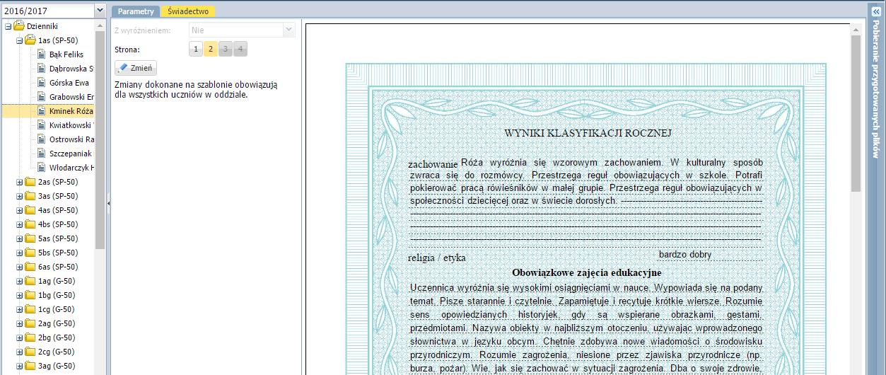 Dla świadectwa ucznia można ustawić indywidualne parametry wydruku.