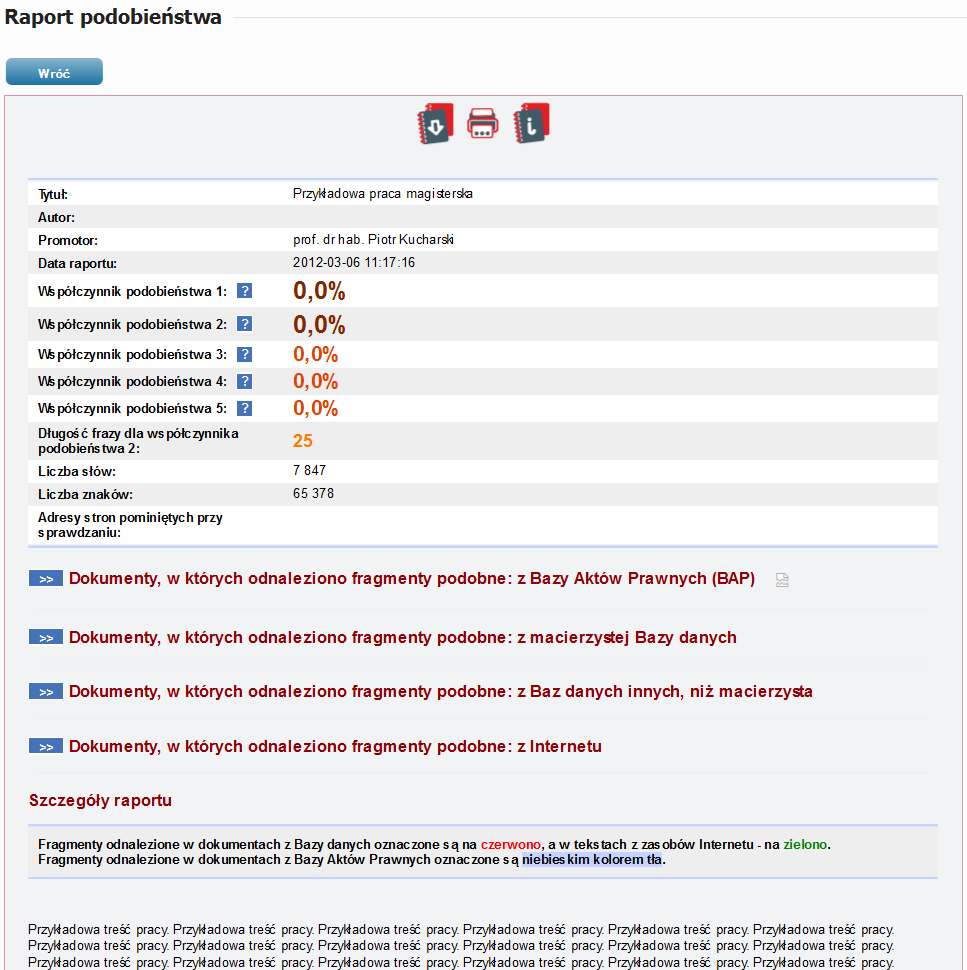 Rysunek 6. Raport podobieństwa wygenerowany przez system antyplagiatowy. Aby wrócić do zestawienia sprawdzonych dokumentów należy wybrać umieszczony u góry niebieski przycisk Wróć.