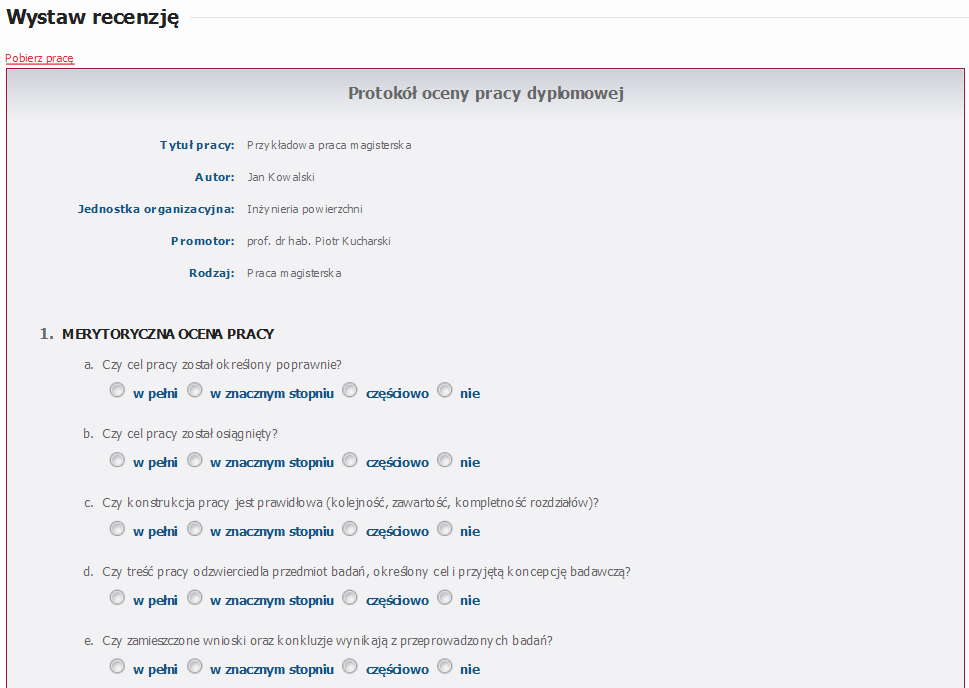 8. Dodawanie oceny pracy W celu dodania oceny pracy dyplomowej przeanalizowanej przez system antyplagiatowy wykładowca musi zalogować się na swoje konto użytkownika i skorzystać z ikony Oceń pracę