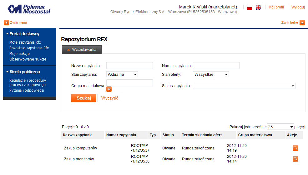 Rysunek 10 Strefa publiczna systemu Zapytania ofertowe Istnieje możliwość przeszukania tej listy po nazwie, numerze zapytania lub wybierając kategorię asortymentową.