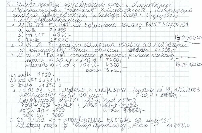 Przykład 3. (zadanie 5) Wykaz operacji w formie punktowanej, bez dekretacji. Błędy w tej części pracy to: pomijanie określenia dowodów, ich numerów lub kont.