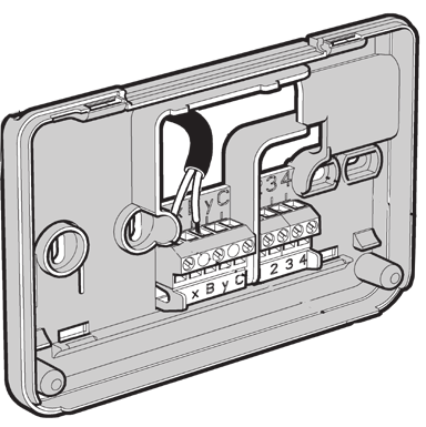 homexpert by Honeywell Termostat programowalny THR870BEE Okablowanie 1,0 2,5 mm² 6 mm maks. Przewody od urządzeń grzewczych należy podłączyć do termostatu w sposób pokazany na ilustracji po lewej.