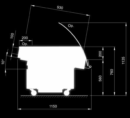 steel made (00H17N14M2 AISI 316L) base with wheels low, bent, hardened front glass side glasses: low, hardened adjustable angle of the display surface stainless steel bumper rail ø 25 mounted at