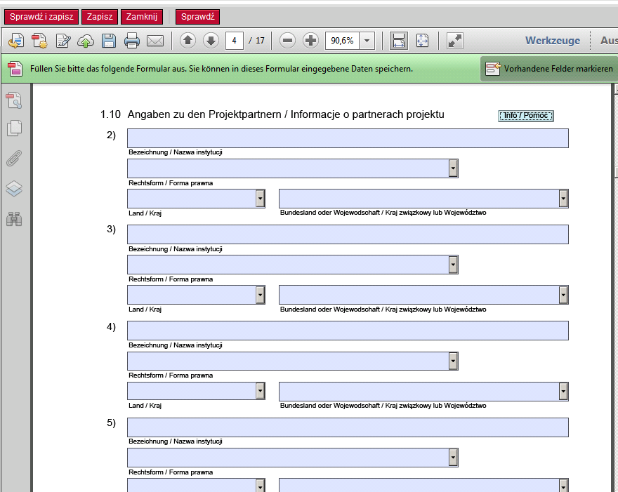 Geben Sie bitte alle Projektpartner an. Die Partner werden automatisch in die Finanztabellen aufgenommen, die Sie nur noch Zahlenmäßig ergänzen müssen.