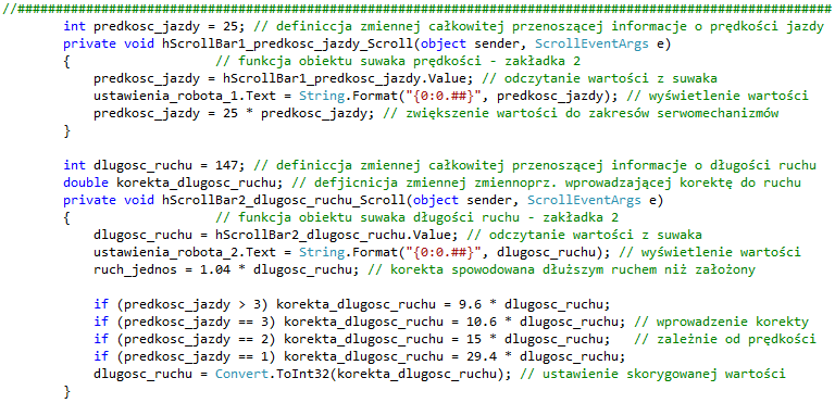Rys. 10.8. Program wykonany w środowisku Visual Studio 2012 fragment 2 Trzeci fragment (Rys. 10.9) przedstawia działanie suwaków, które wykorzystuje się do wybierania wartości parametrów jazdy.