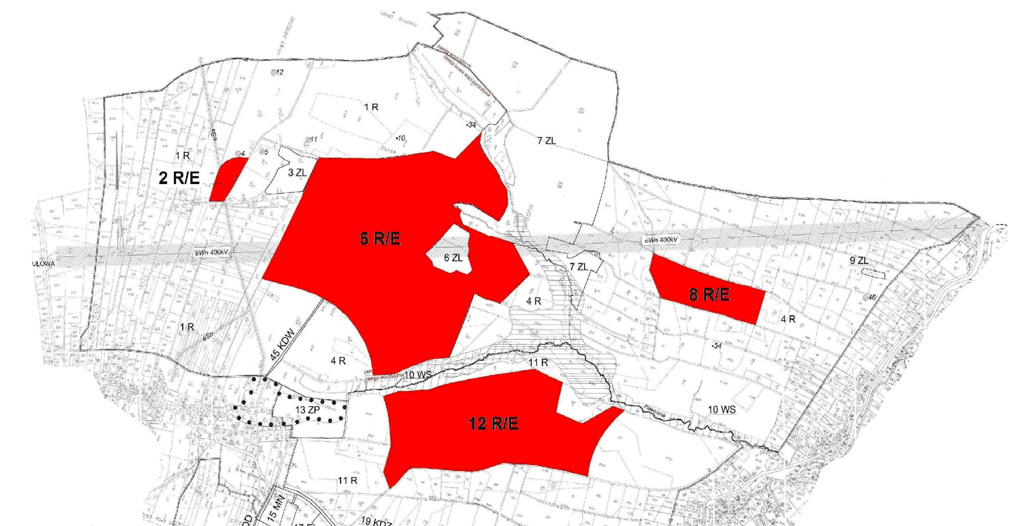 Rozwój energetyki wiatrowej... R/E TERENY ROLNICZE Z DOPUSZCZENIEM LOKALIZACJ ELEKTROWNI WIATROWYCH Źródło: na podstawie Uchwały Rady Gminy Pielgrzymka [Koziołkiewicz 2010] Rysunek 2.