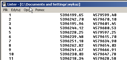 Zapis pozyskanych współrzędnych do pliku tekstowego Należy pamiętać o wyłączeniu wszystkich warstw zawierających informacje o rysunku poza warstwą zawierającą opisy pozyskanych punktów.