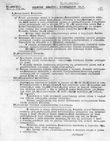 18. Fragment Meldunku doraÿno-informacyjnego nr 7 Komendy Obszaru Lwów Armii Krajowej z 1 III 1944 r.