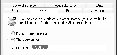 W przypadku serwera druku w systemach Windows XP lub Server 00 kliknij przycisk Share this printer (Udostępnij tę drukarkę), a następnie wpisz nazwę w polu Share Name (Nazwa udziału).