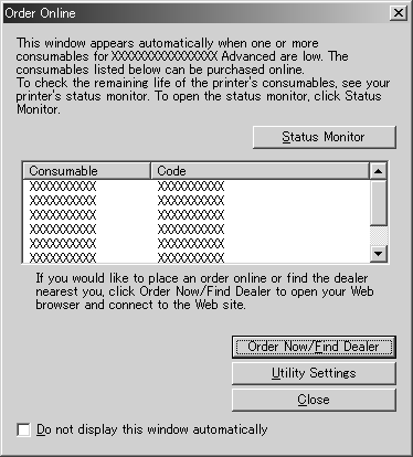 Order Online (Zamów online) f Kliknij przycisk Order Online (Zamów online) w programie EPSON Status Monitor, aby zamówić materiały eksploatacyjne w trybie online.